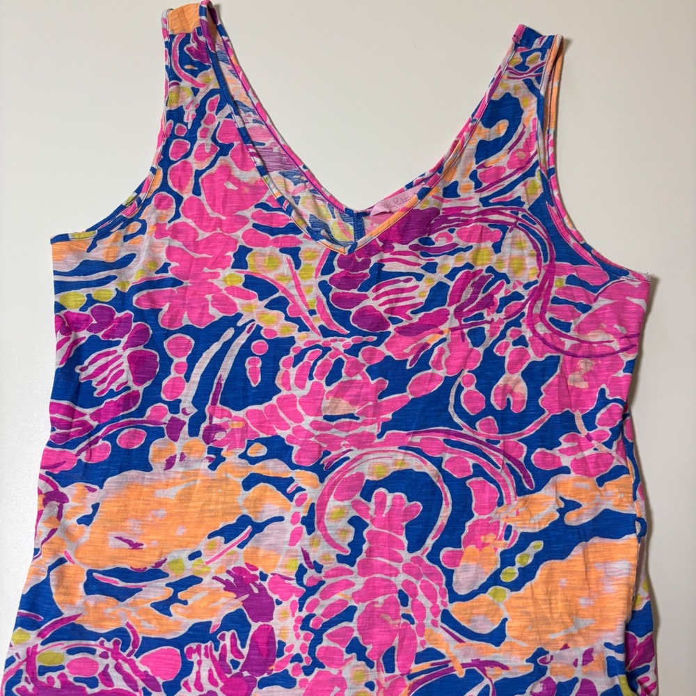 Lilly Pulitzer Gigi V-Neck Tank Woman's Large Catch and Release Print Pink Blue